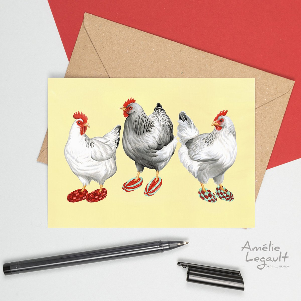 Carte de souhaits - Poules en pantoufles - Boutique Articho