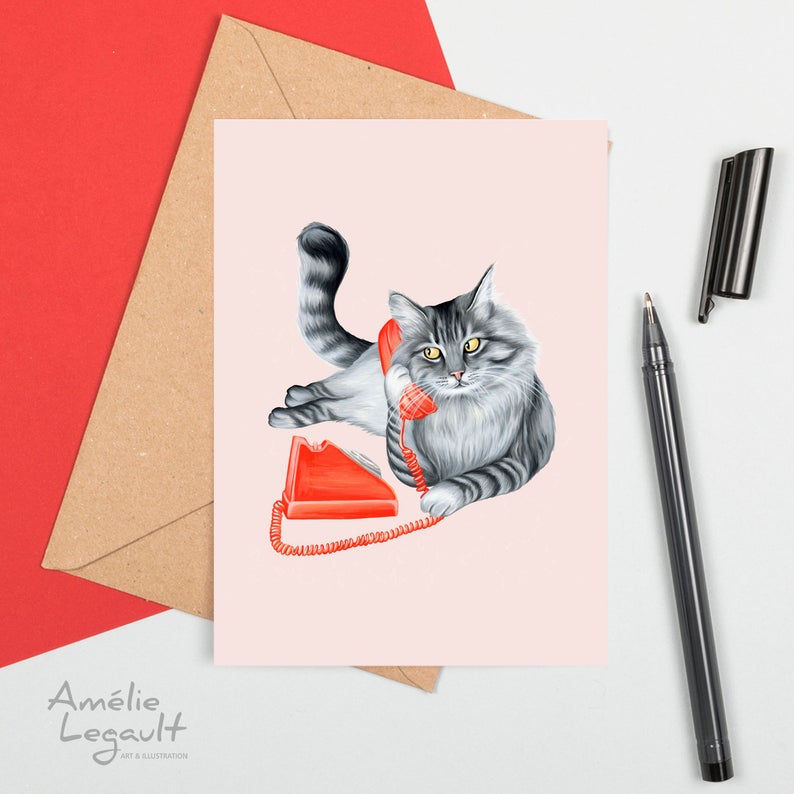 Carte de souhaits - Chat au téléphone - Boutique Articho