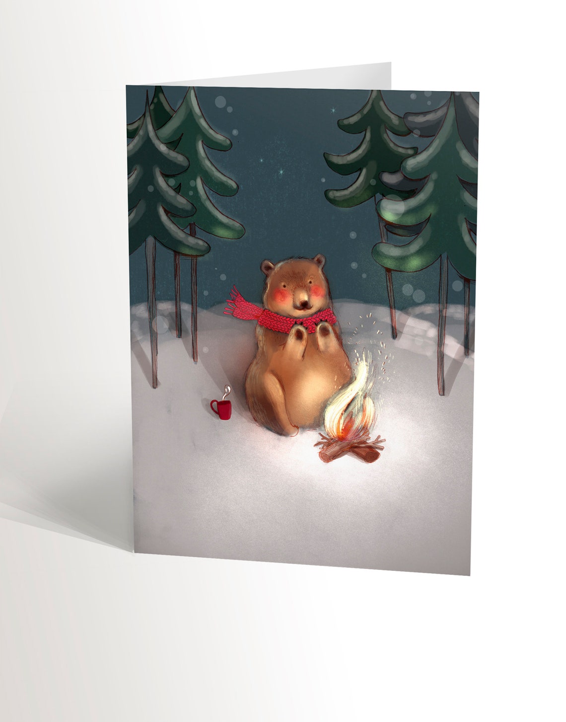 carte de noel ours pres du feu