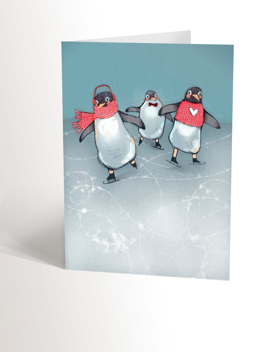 carte souhaits pingouins patineurs