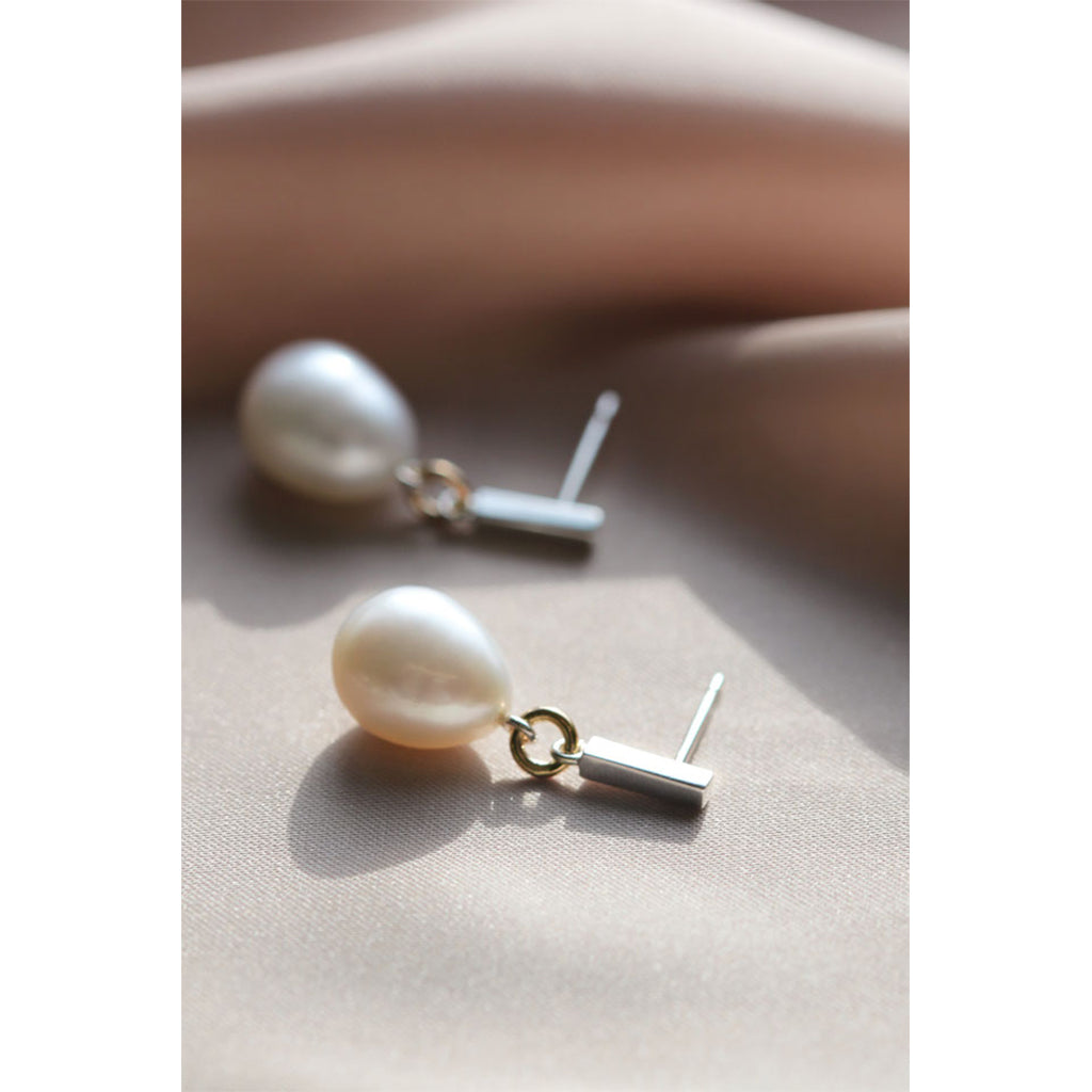 Boucles d'oreilles rectangle argent + anneau doré+ perles d'eau douce - Boutique Articho
