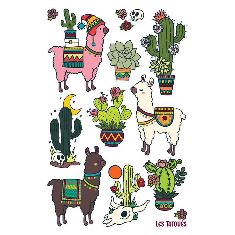Tatouage temporaire - Alpagas et cactus